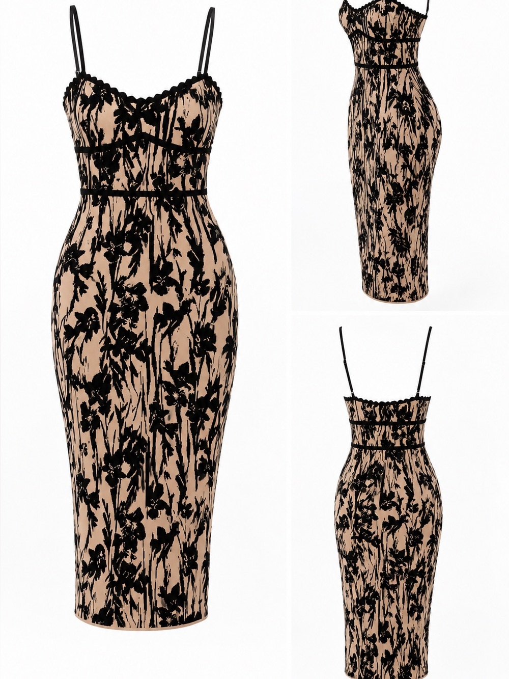 BCBGMaxAzria Beige and Black Floral Midi Dress